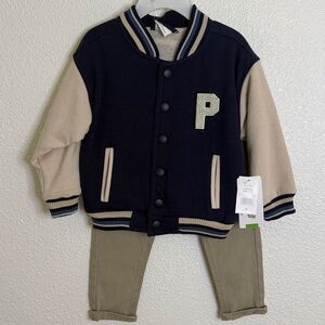 Prince- Navy and Beige Striped Collar Jacket pant set- 2T